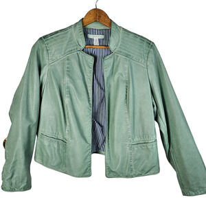 Chicos mint green pleather vegan open front jacket shoulder details size 1